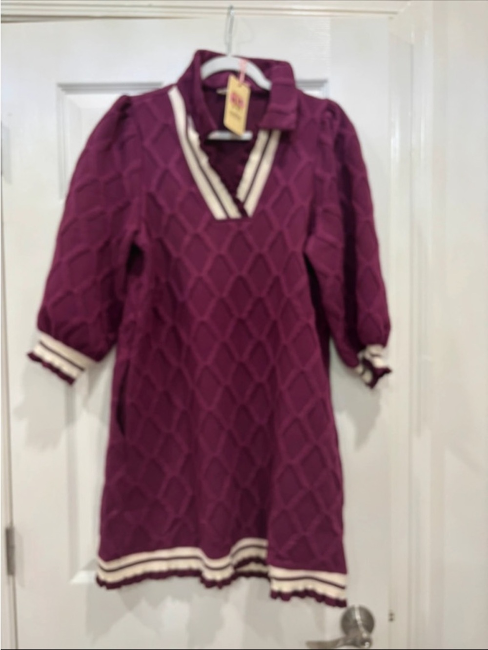 entro Plum Textured V-Neck Dress with Cream Trim